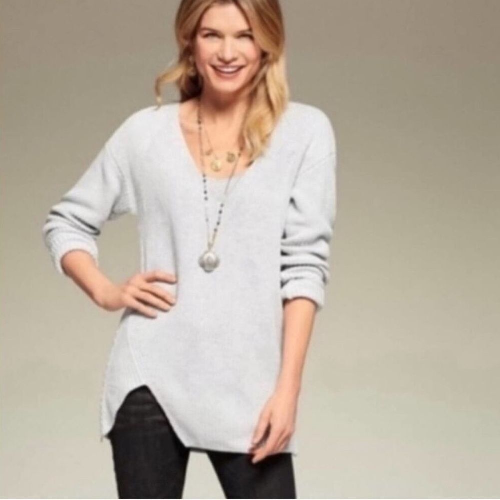 CAbi 3531 Sweater Women Small Gray Asymmetrical Zip Hem Ribbed V Neck Tunic